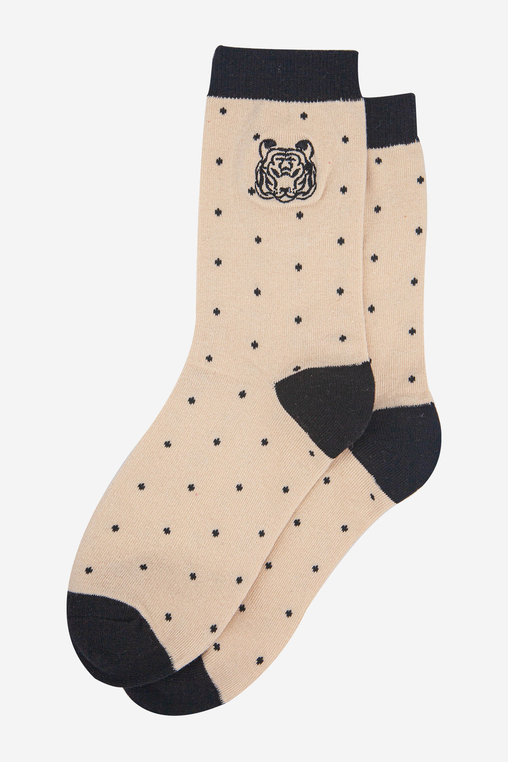 womens-embroidered-ankle-socks-cream-tiger-polka-dot-laying-flat