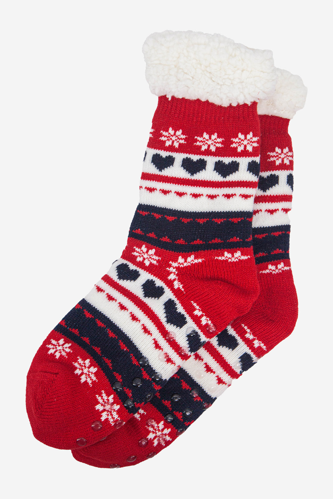womens-long-slipper-socks-navy-red-fair-isle-laying-flat-grip-soles