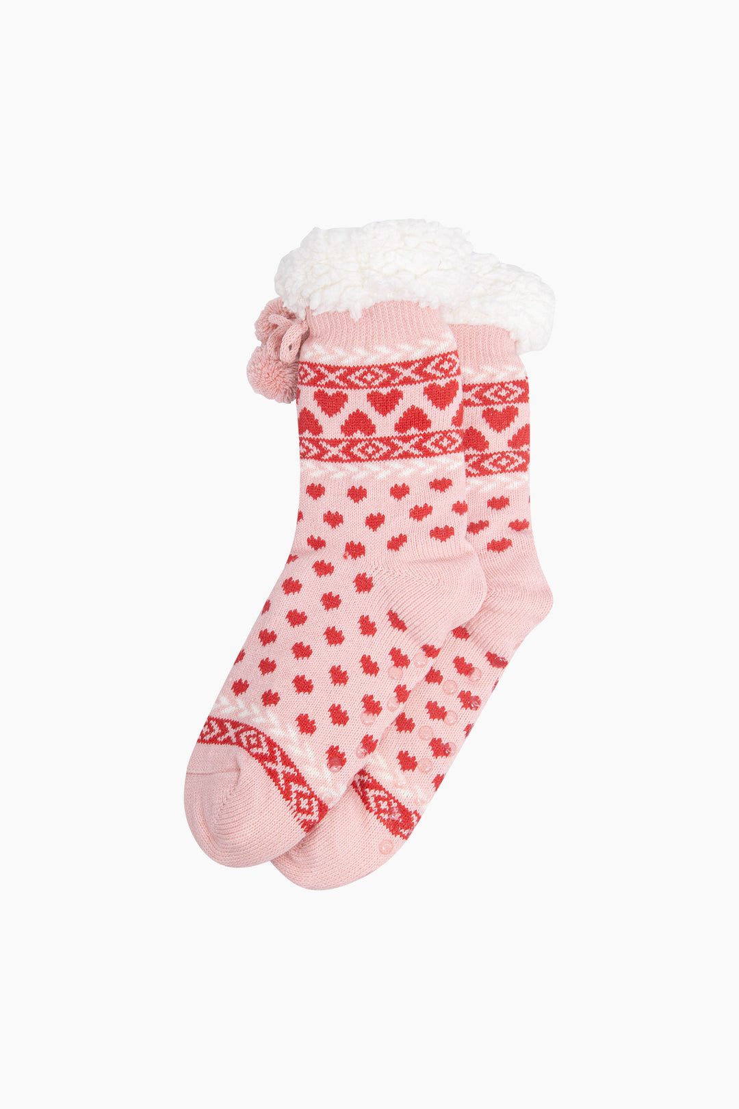 Heart-Long-Slipper-Socks-in-Soft-Pink/Red-Laid-Flat