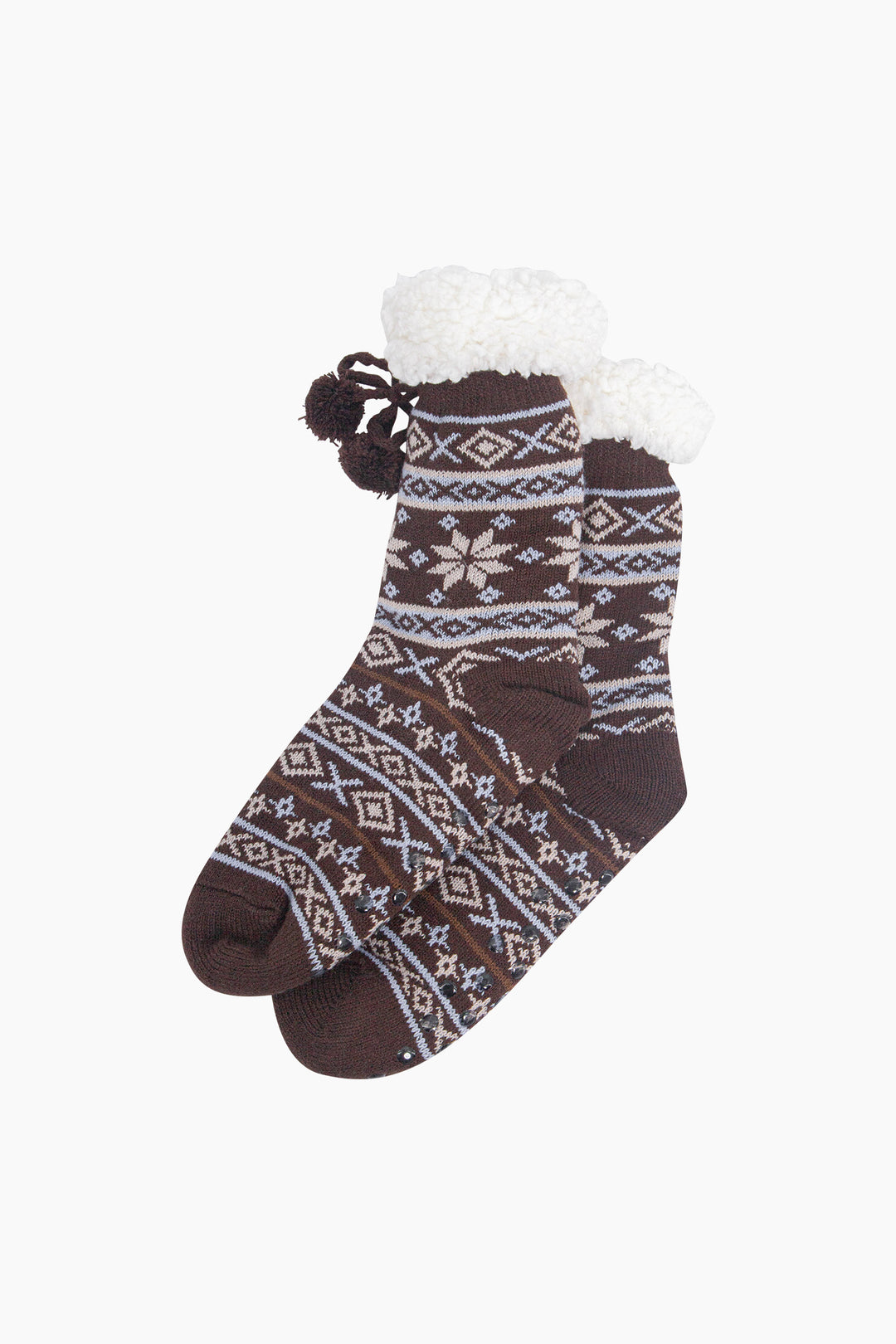 Nordic-Snowflake-Long-Slipper-Socks-in-Brown-Laid-Flat