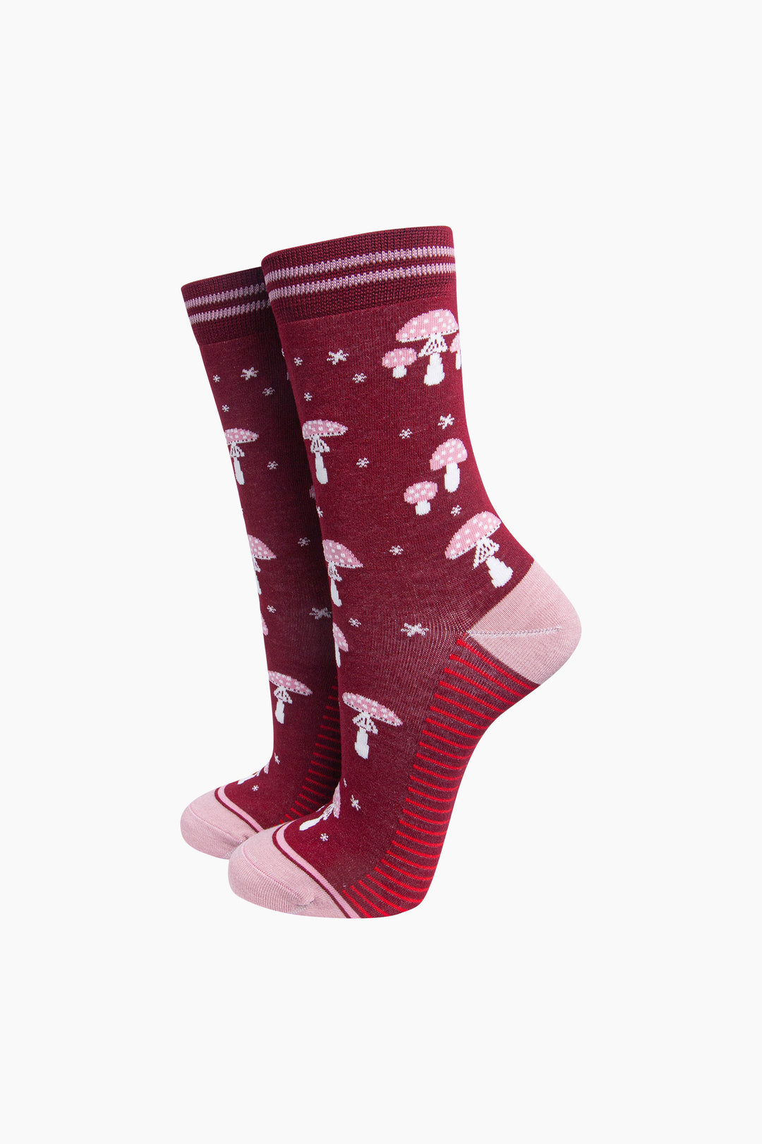 Toadstool-Women's-Bamboo-Socks-in-Red-On-Mannequin