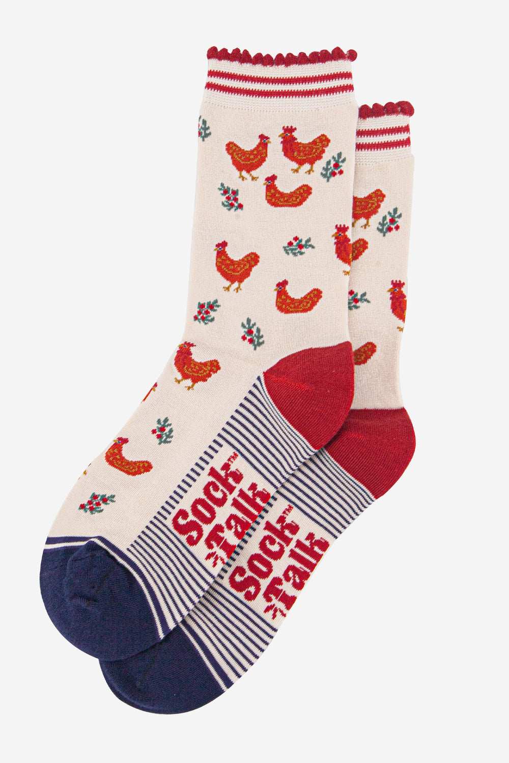 womens-bamboo-socks-cream-red-festive-hen-laying-flat