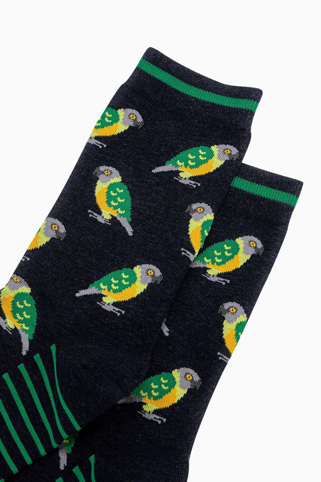 mens-bamboo-socks-navy-senegal-parrot-close-up-birds-are-green-yellow-grey-curved-beaks