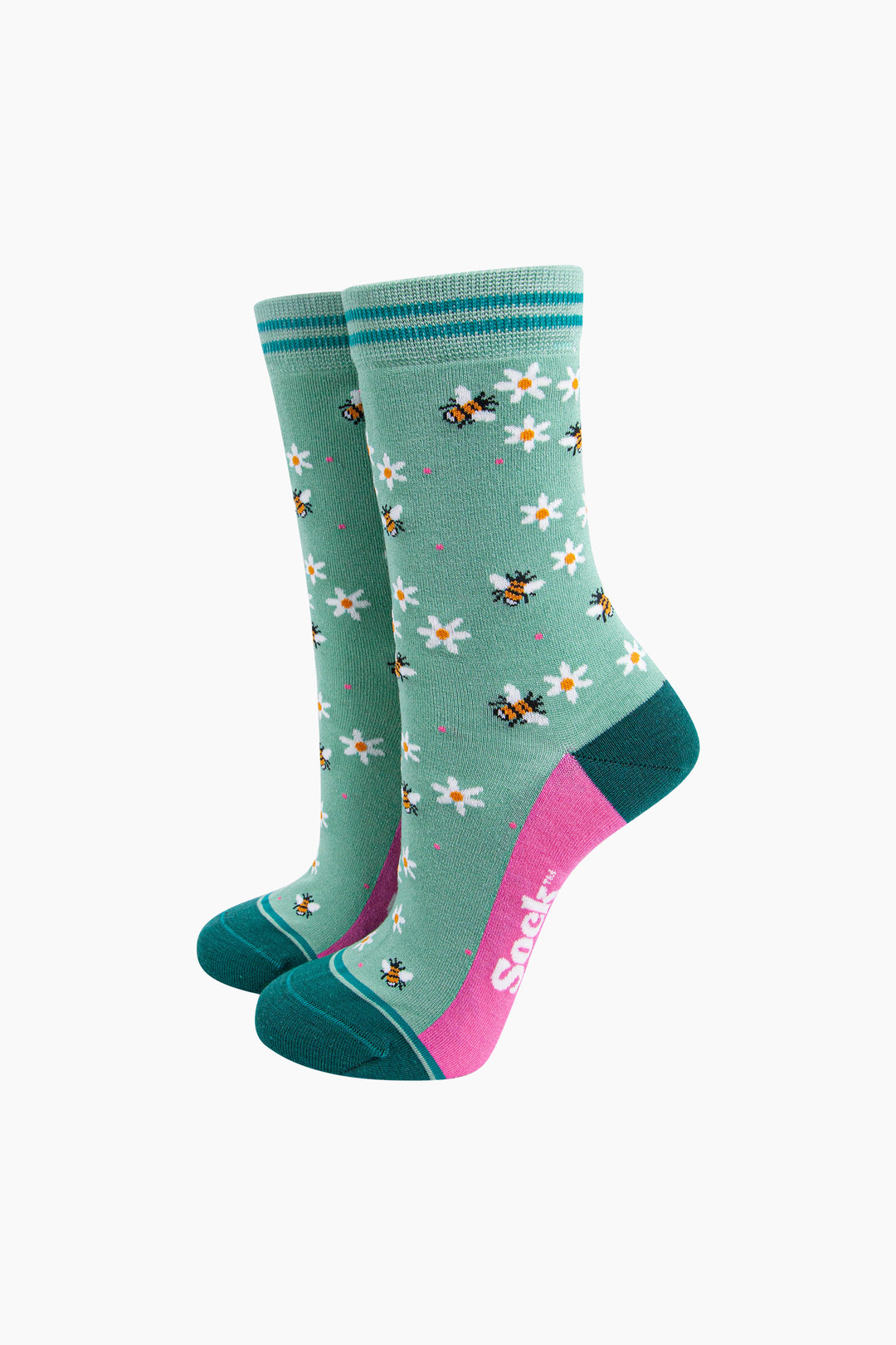 Busy-Bees-Floral-Bamboo-Socks-in-Green-On-Foot-Mannequin