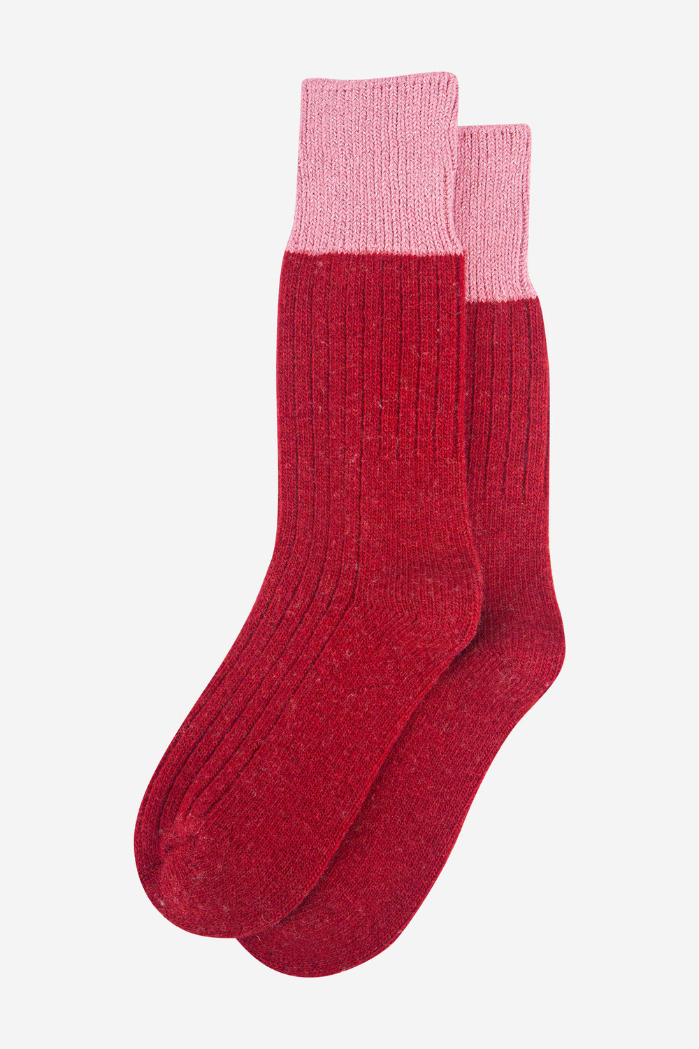 womens-mid-calf-socks-red-pink-colour-block-laying-flat