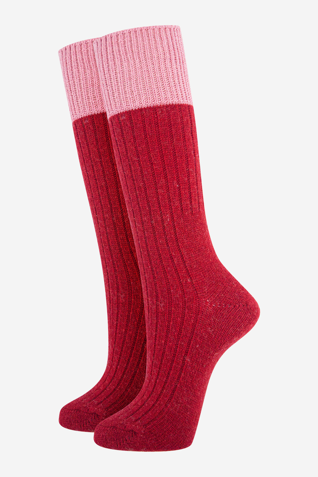 womens-mid-calf-socks-red-pink-colour-block-thick-wool-blend