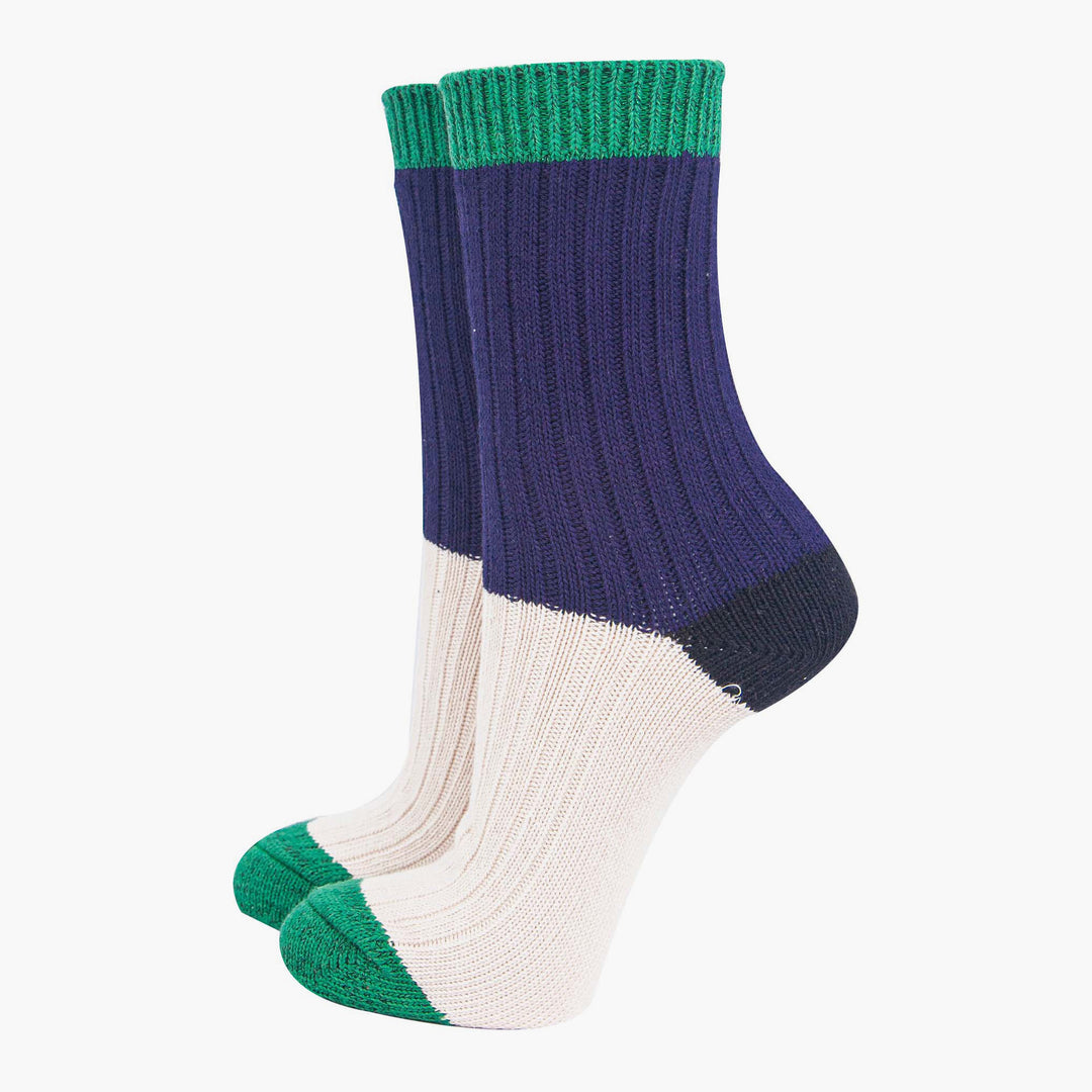 womens-mid-calf-socks-navy-blue-cream-colour-block-1-subtle-glitter-cuff
