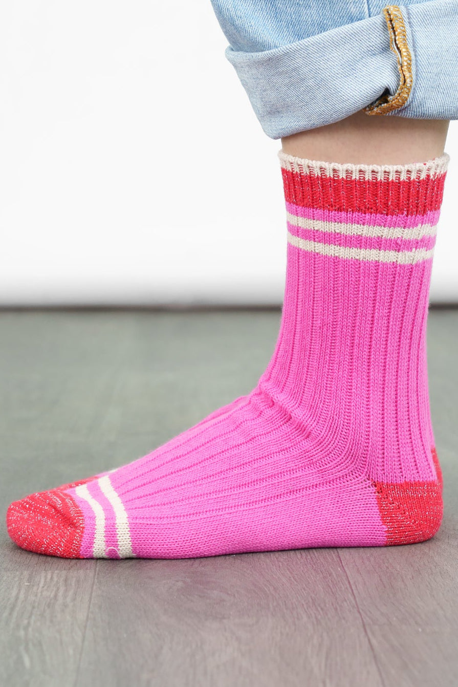 womens-mid-calf-socks-pink-red-striped-cuff-thick-ribbed-cotton