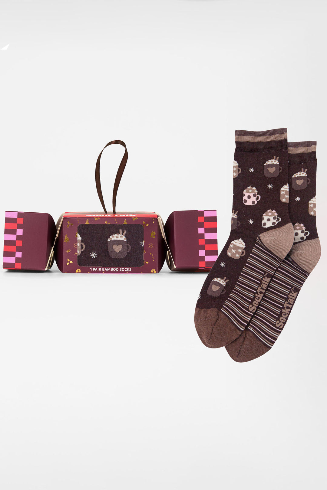 Hot-Chocolate-Drink-Bamboo-Crew-Socks-Christmas-Cracker-Gift-Box-in-Brown
