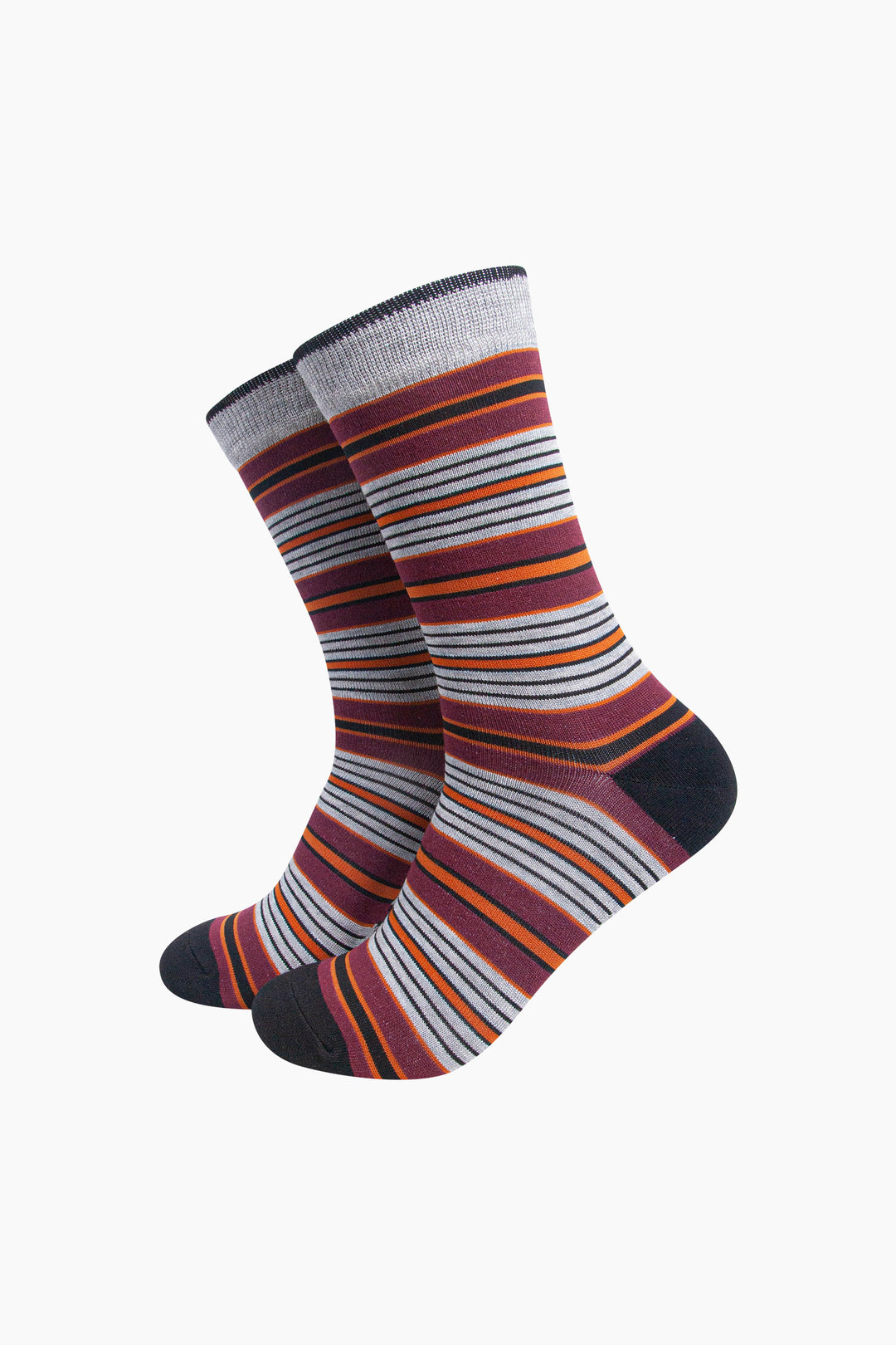 Stripey-Men's-Bamboo-Socks-in-Grey-Marl/Burgundy-On-Mannequin