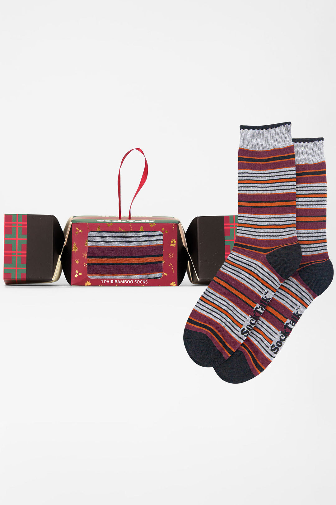 Stripe-Bamboo-Crew-Socks-Christmas-Cracker-Gift-Box-in-Grey/Burgundy