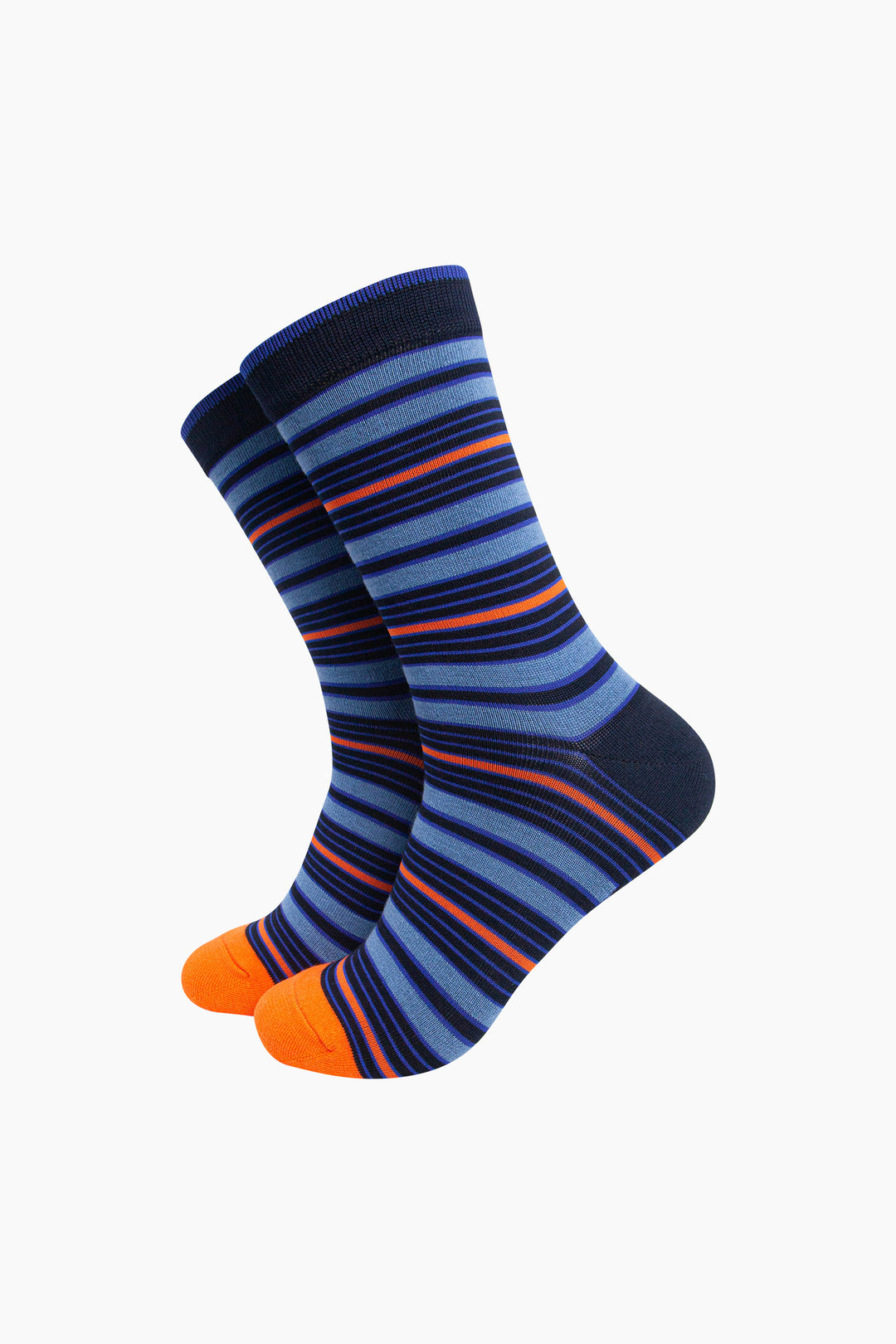 Stripey-Men's-Bamboo-Socks-in-Navy-Blue/Orange-On-Mannequin