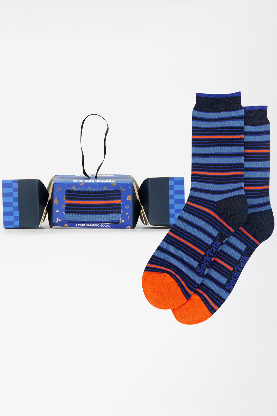 Stripe-Bamboo-Crew-Socks-Christmas-Cracker-Gift-Box-in-Navy Blue/Orange