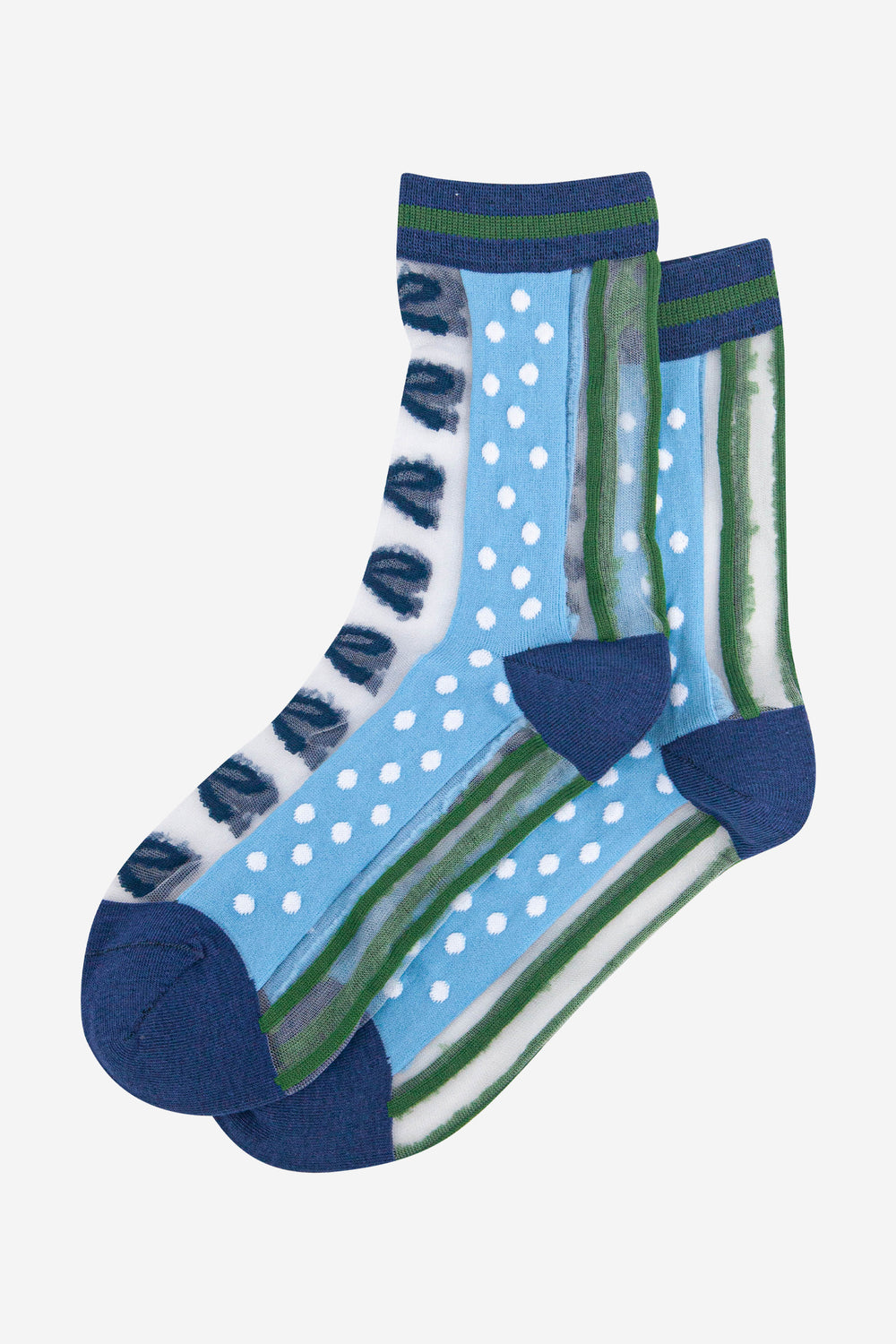 womens-sheer-ankle-socks-blue-green-stripe-bow-laying-flat