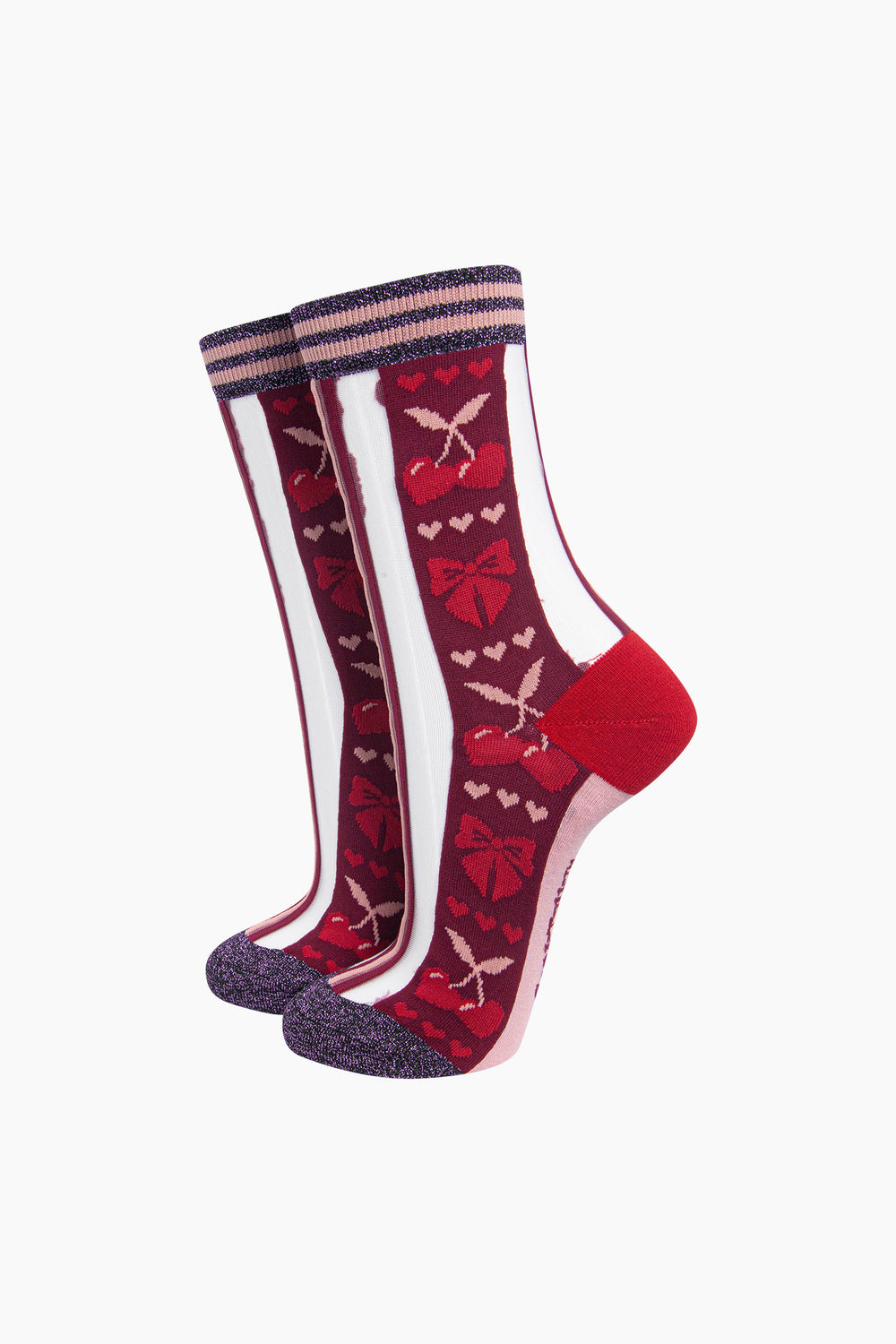 Stripe-&-Bow-Sheer-Socks-in-Burgundy/Soft-Pink-On-Mannequin