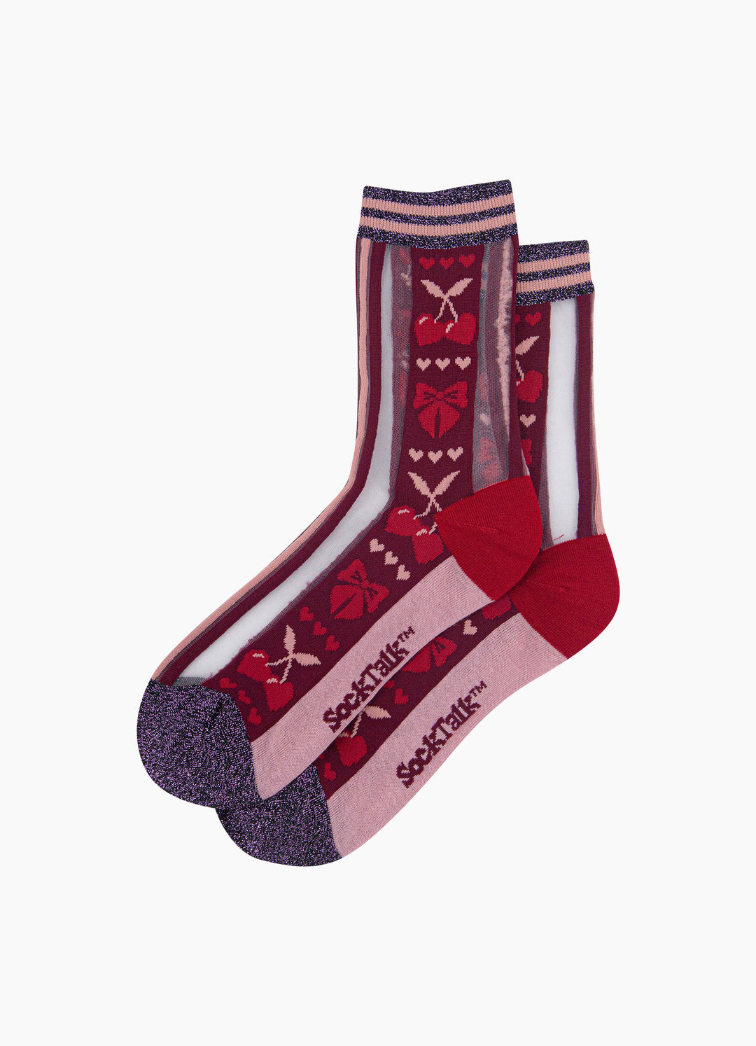 Bow-&-Cherry-Sheer-Socks-in-Burgundy/Soft-Pink-Laid-Flat