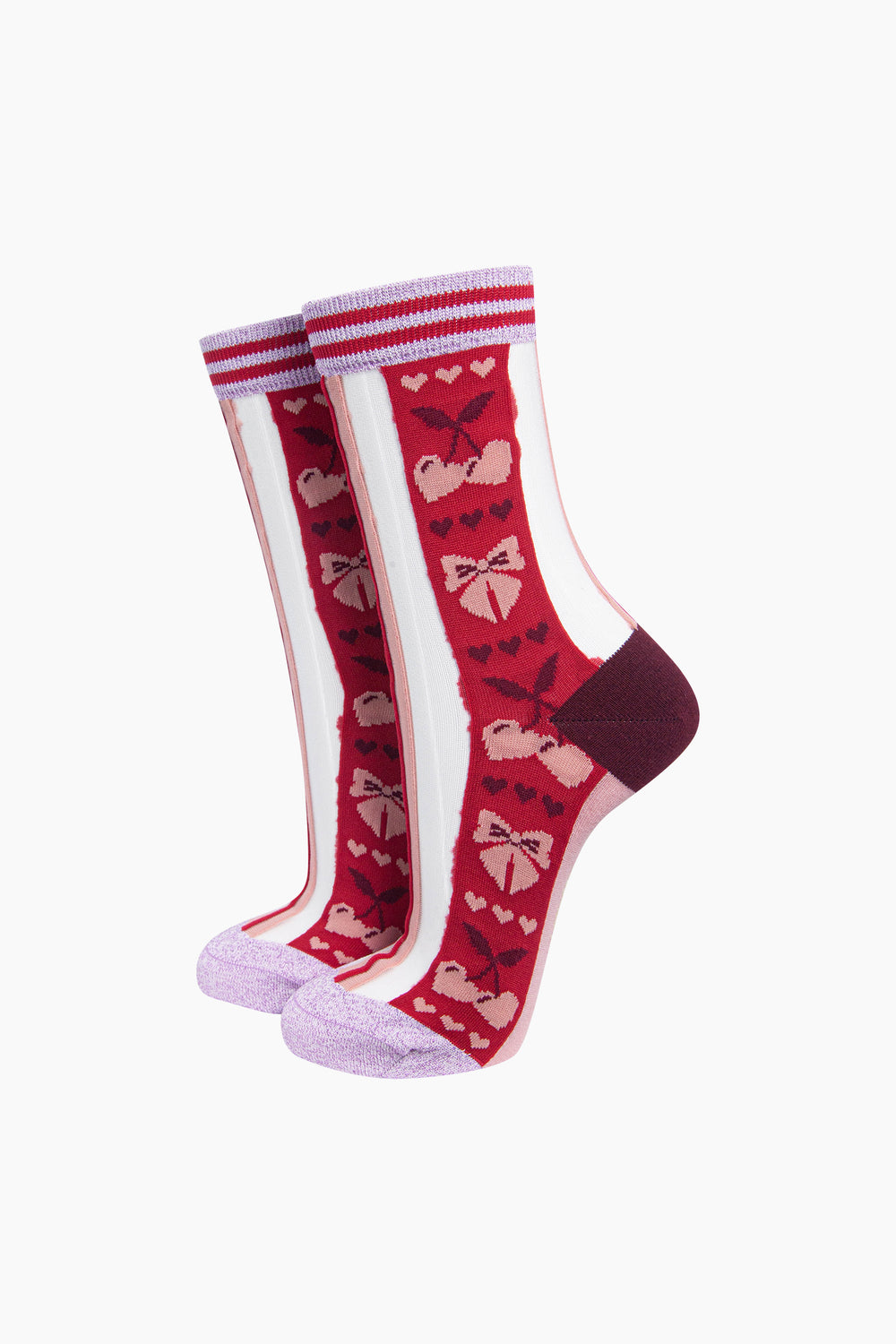 Bow-&-Cherry-Sheer-Socks-in-Red/Soft-Pink-On-Mannequin