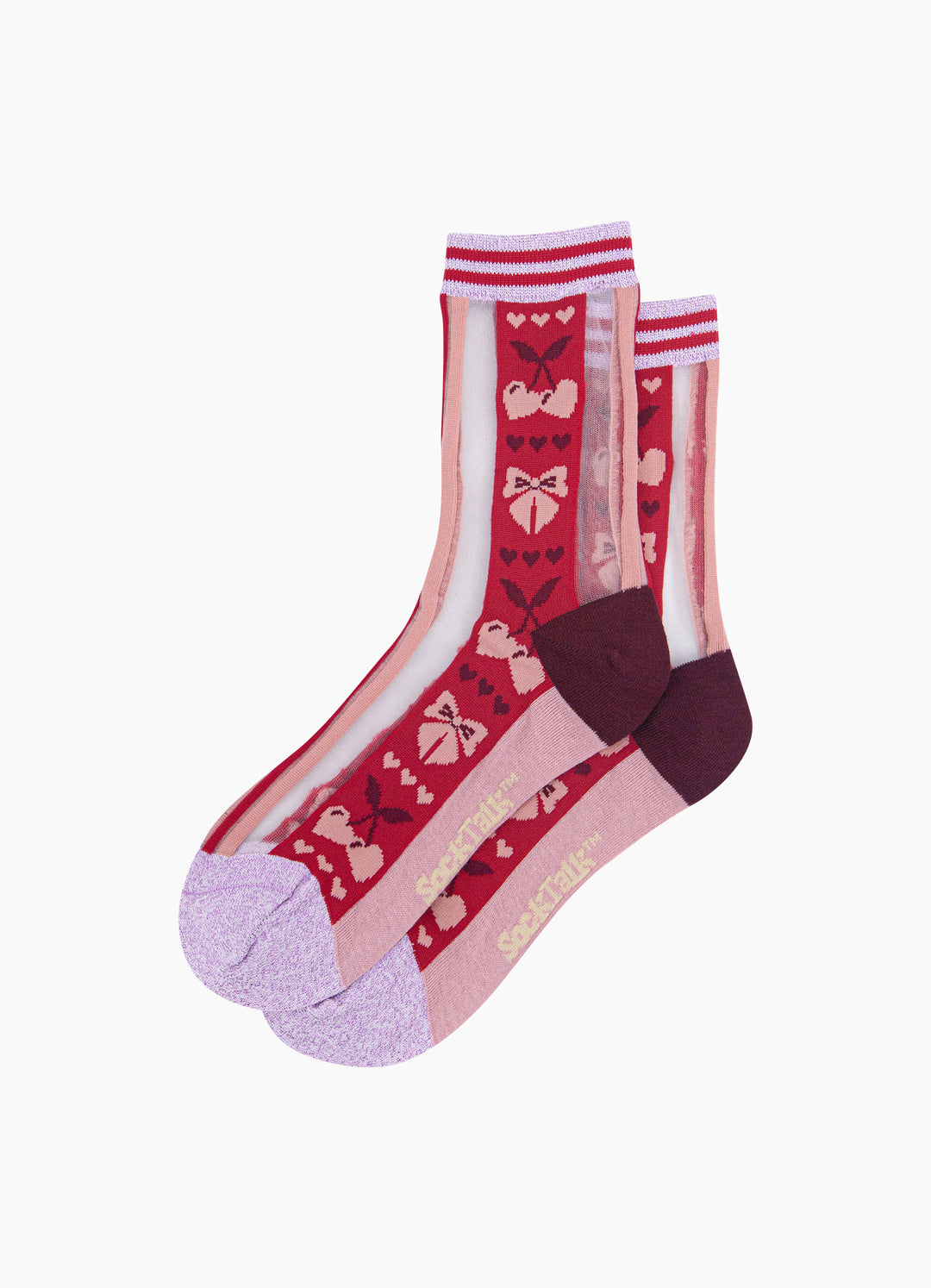 Bow-&-Cherry-Sheer-Socks-in-Red/Soft-Pink-Laid-Flat