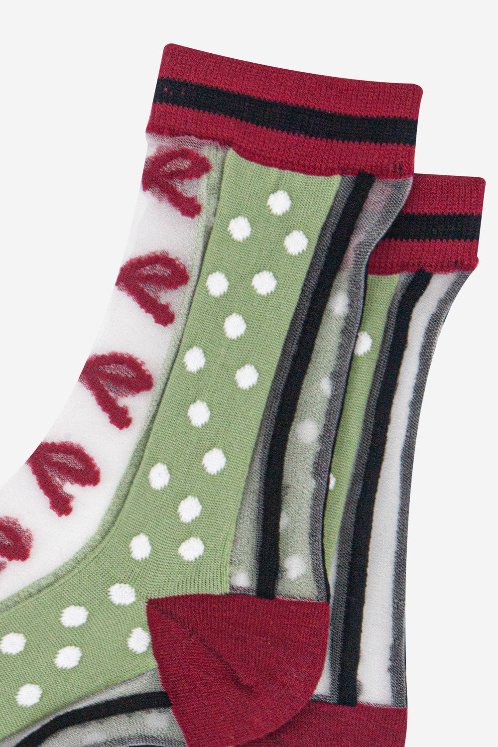 womens-sheer-ankle-socks-green-red-stripe-bow-close-up