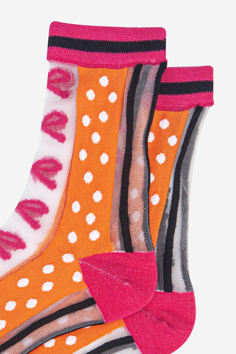 womens-sheer-ankle-socks-orange-hot-pink-stripe-bow-close-up