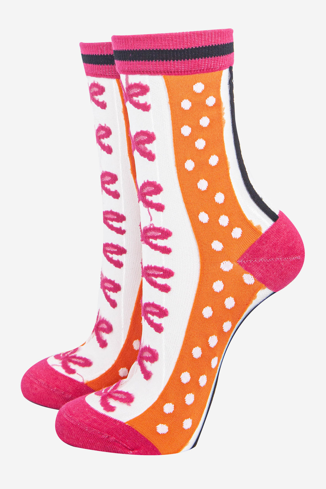 womens-sheer-ankle-socks-orange-hot-pink-stripe-bow-colourful