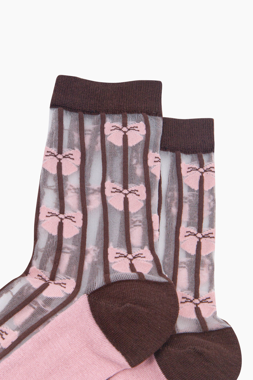 Stripe-&-Bow-Sheer-Socks-in-Brown/Soft-Pink-Close-Up