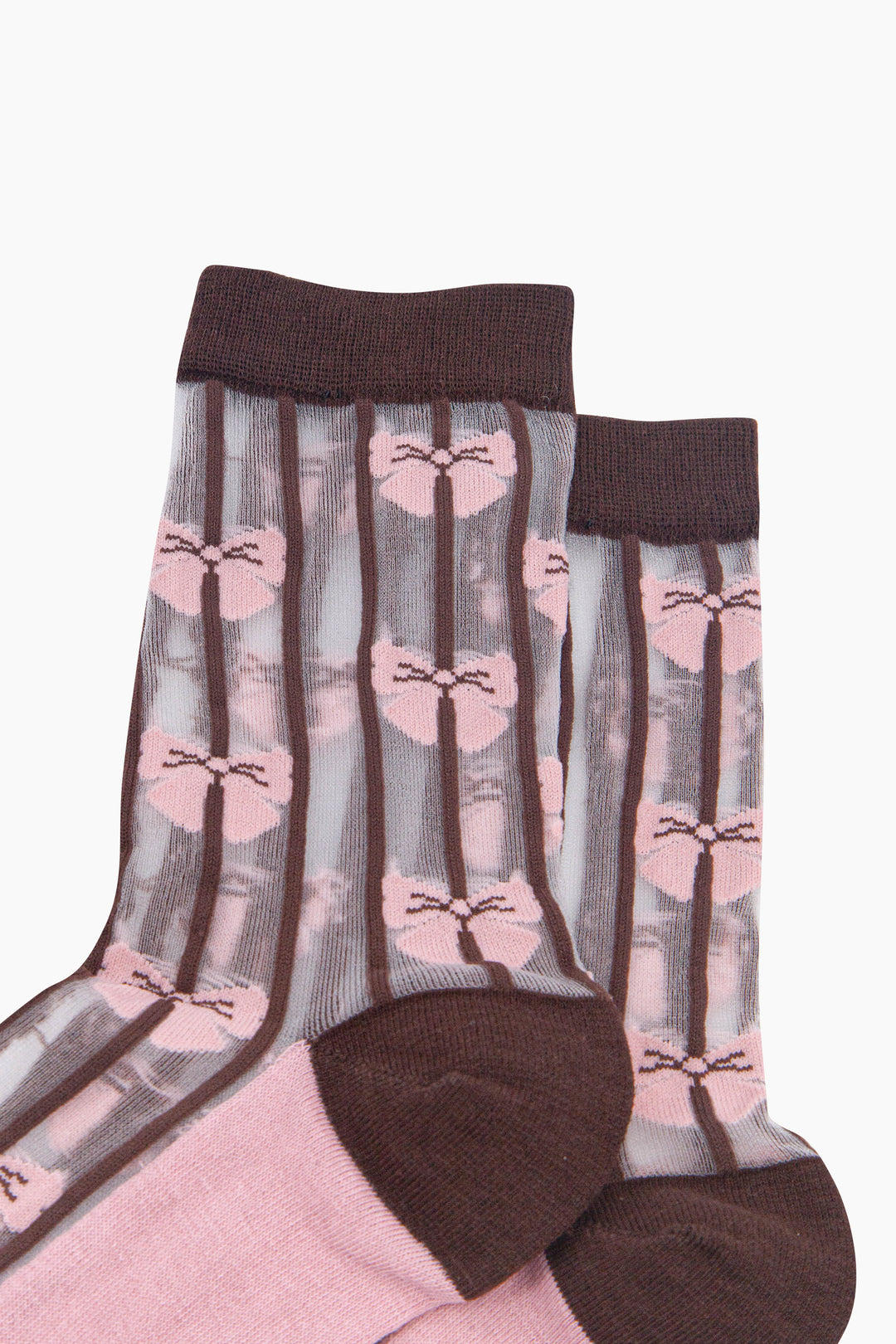 Stripe-&-Bow-Sheer-Socks-in-Brown/Soft-Pink-Close-Up