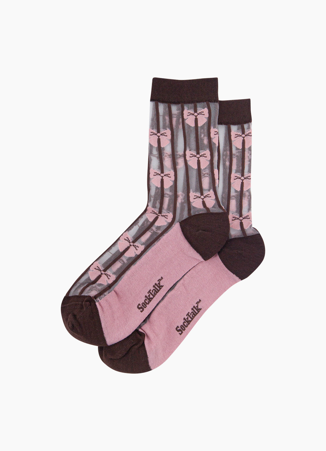 Stripe-&-Bow-Sheer-Socks-in-Brown/Soft-Pink-Laid-Flat