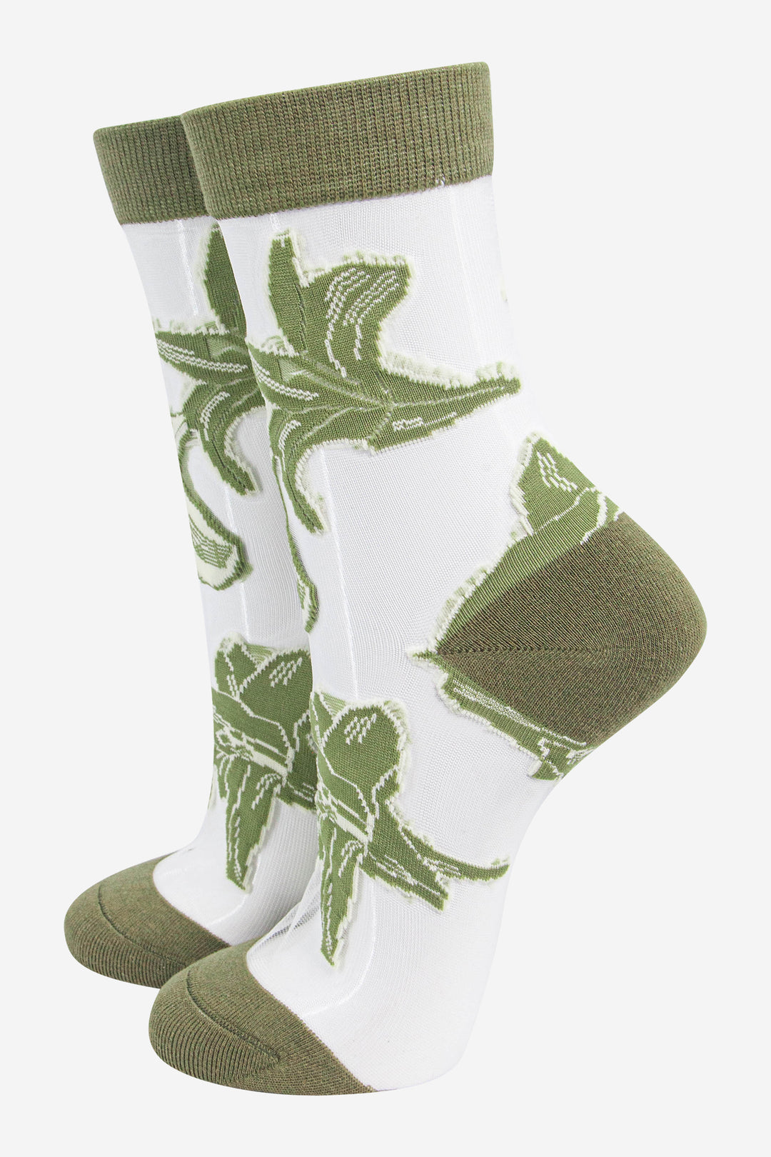 womens-sheer-ankle-socks-green-floral-lillies