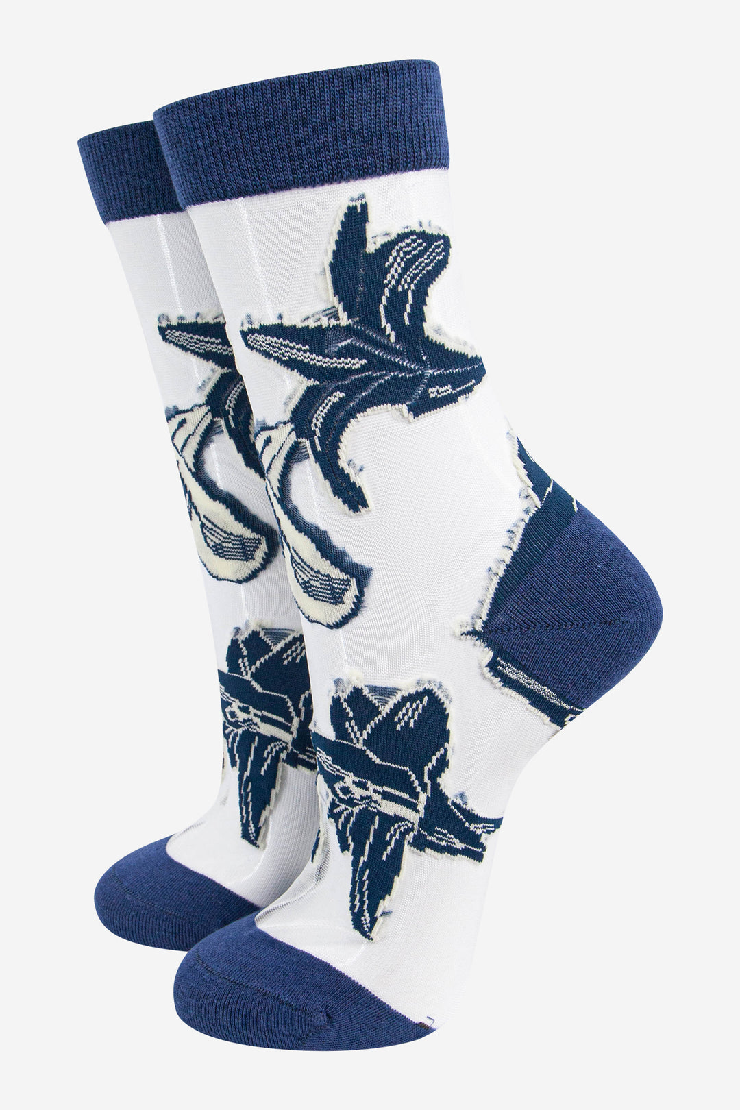 womens-sheer-ankle-socks-navy-blue-floral-lillies