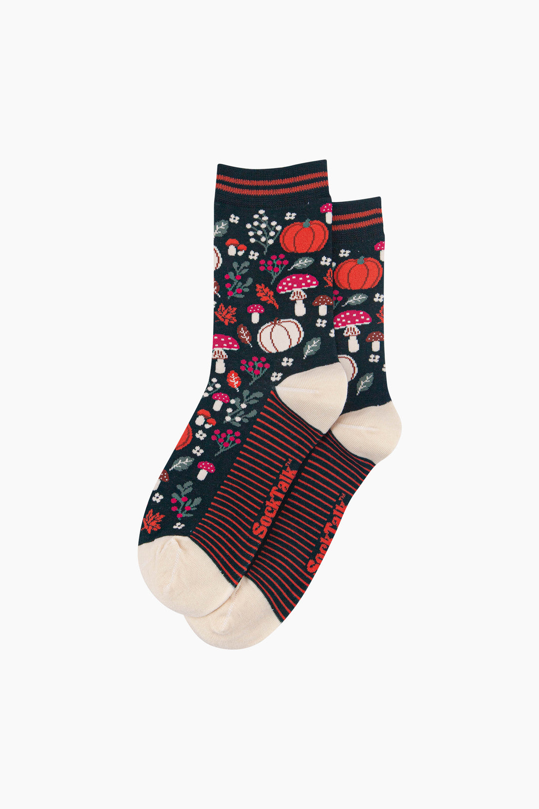 Pumpkin-Floral-Women's-Bamboo-Socks-in-Dark-Green-Laid-Flat