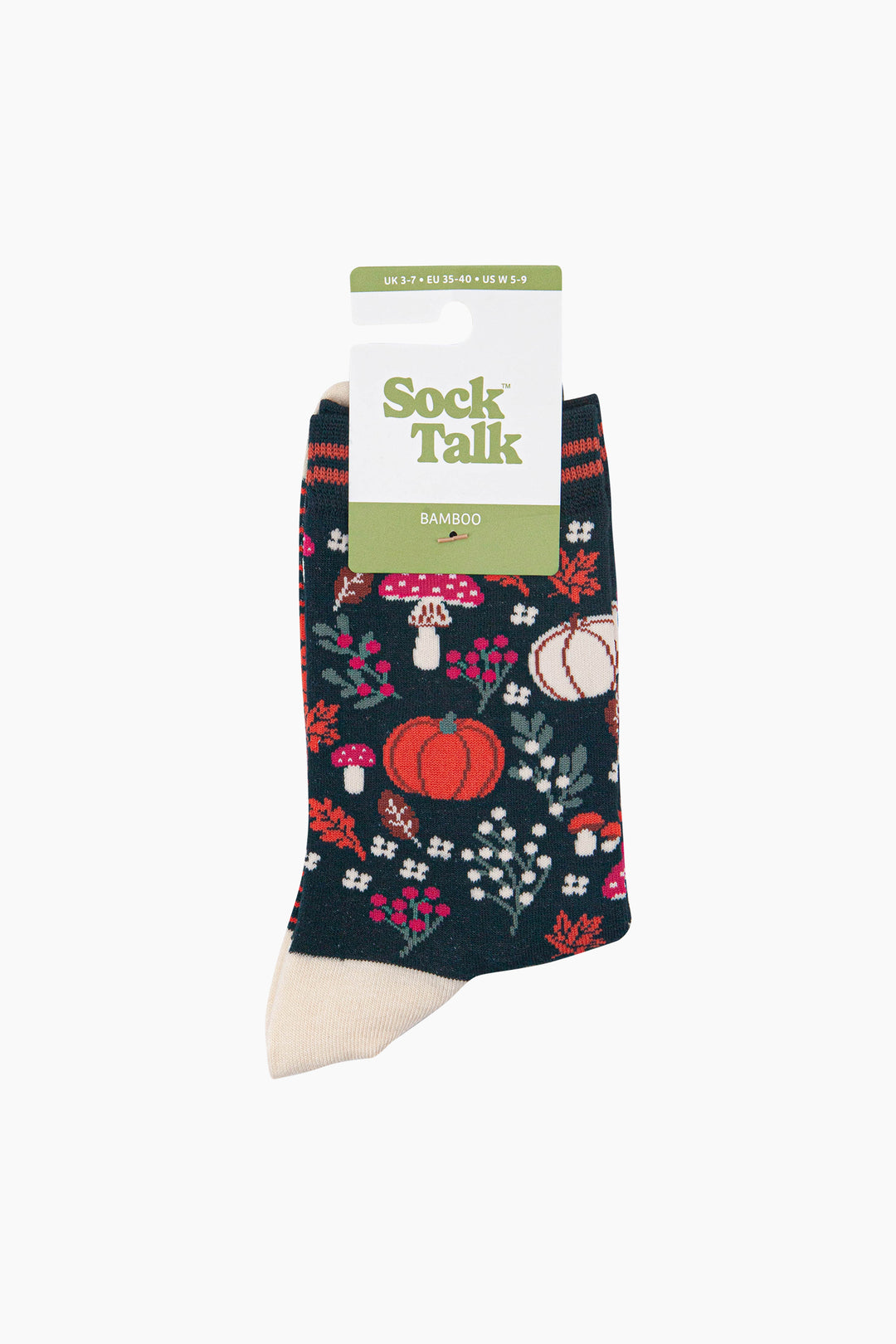 Pumpkin-Floral-Women's-Bamboo-Socks-in-Dark-Green-In-Packaging