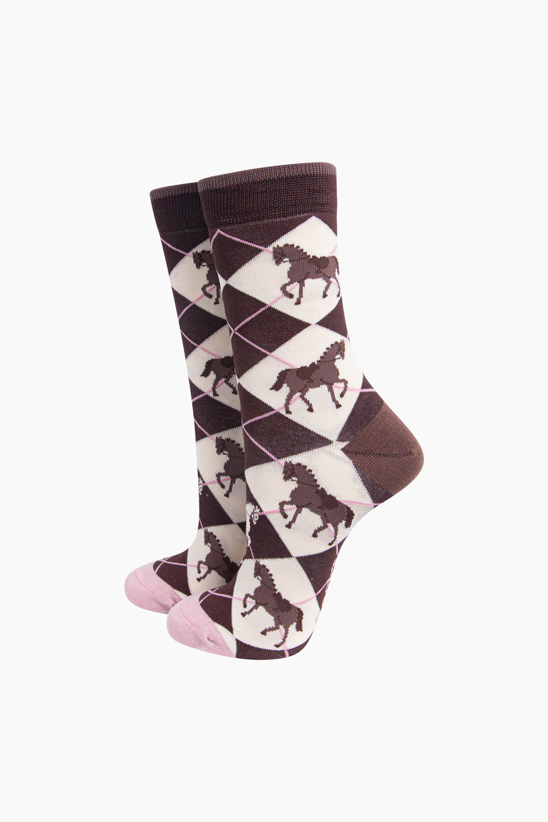 Horse-Argyle-Women's-Bamboo-Socks-in-Brown-On-Mannequin
