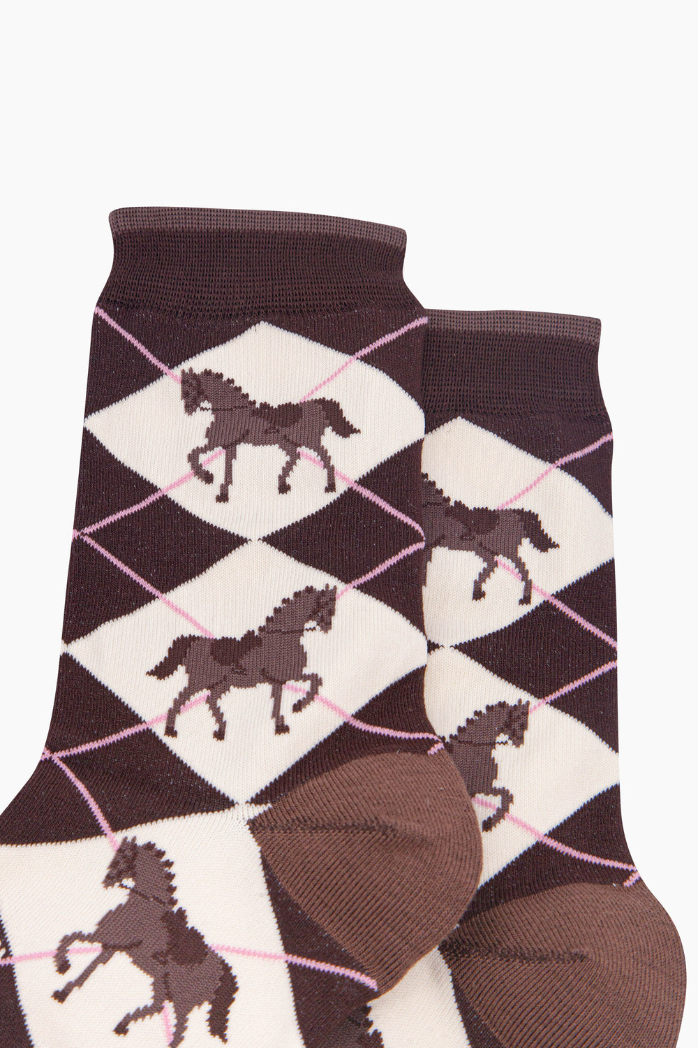 Horse-Argyle-Women's-Bamboo-Socks-in-Brown-Close-Up