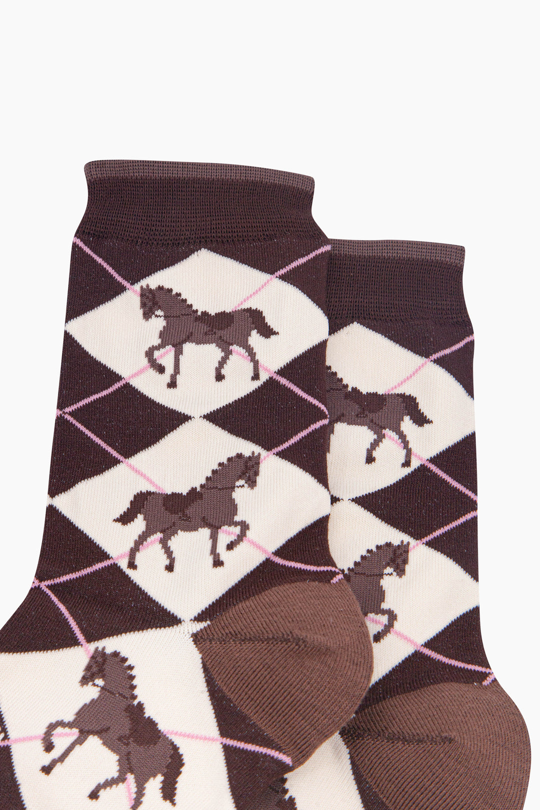 Horse-Argyle-Women's-Bamboo-Socks-in-Brown-Close-Up