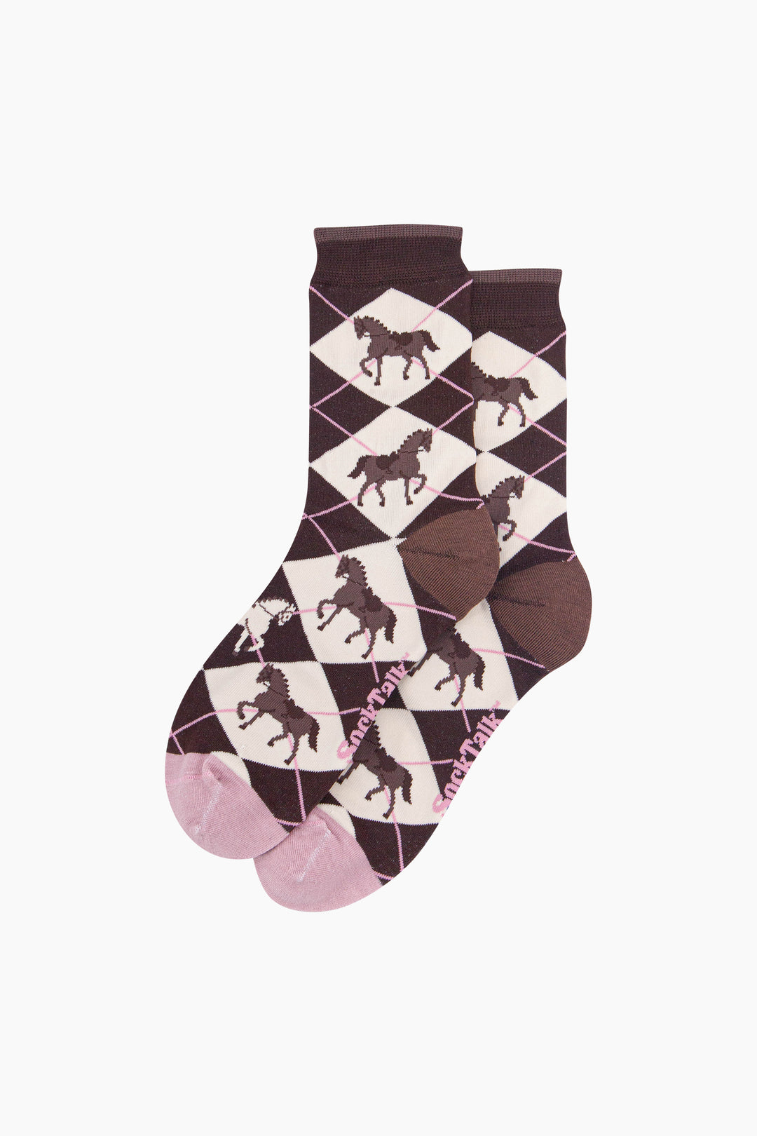 Horse-Argyle-Women's-Bamboo-Socks-in-Brown-Laid-Flat