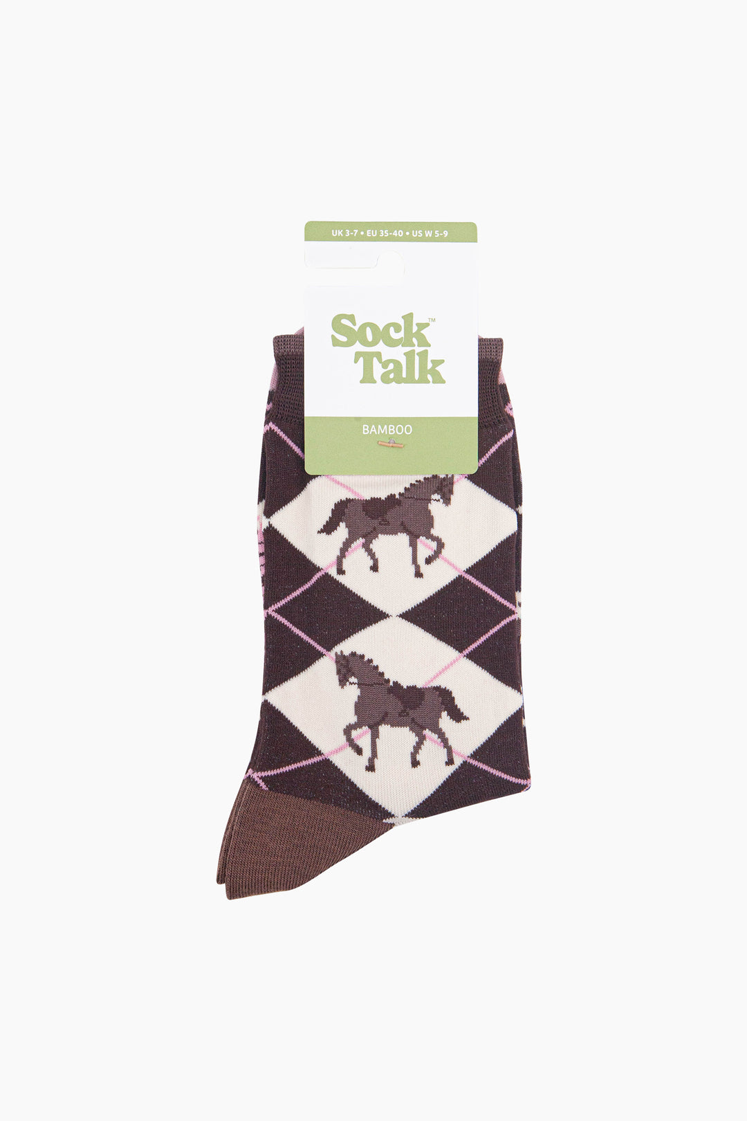 Horse-Argyle-Women's-Bamboo-Socks-in-Brown-In-Packaging