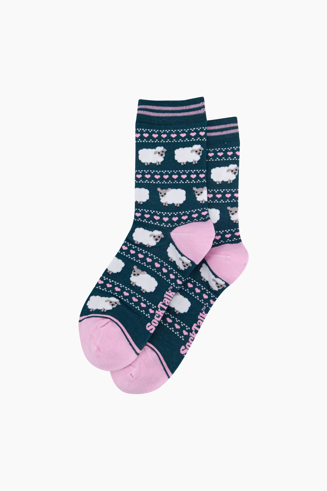 Sheep-Fair-Isle-Women's-Bamboo-Socks-in-Forest-Green-Laid-Flat