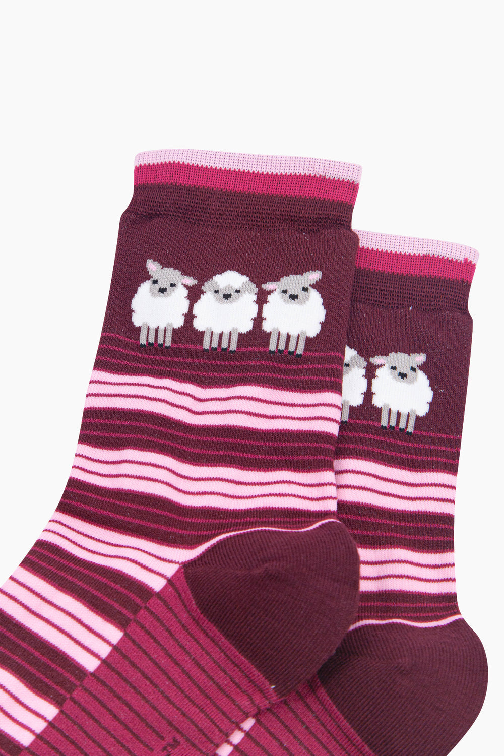 Sheep-Stripe-Women's-Bamboo-Socks-in-Burgundy-Close-Up