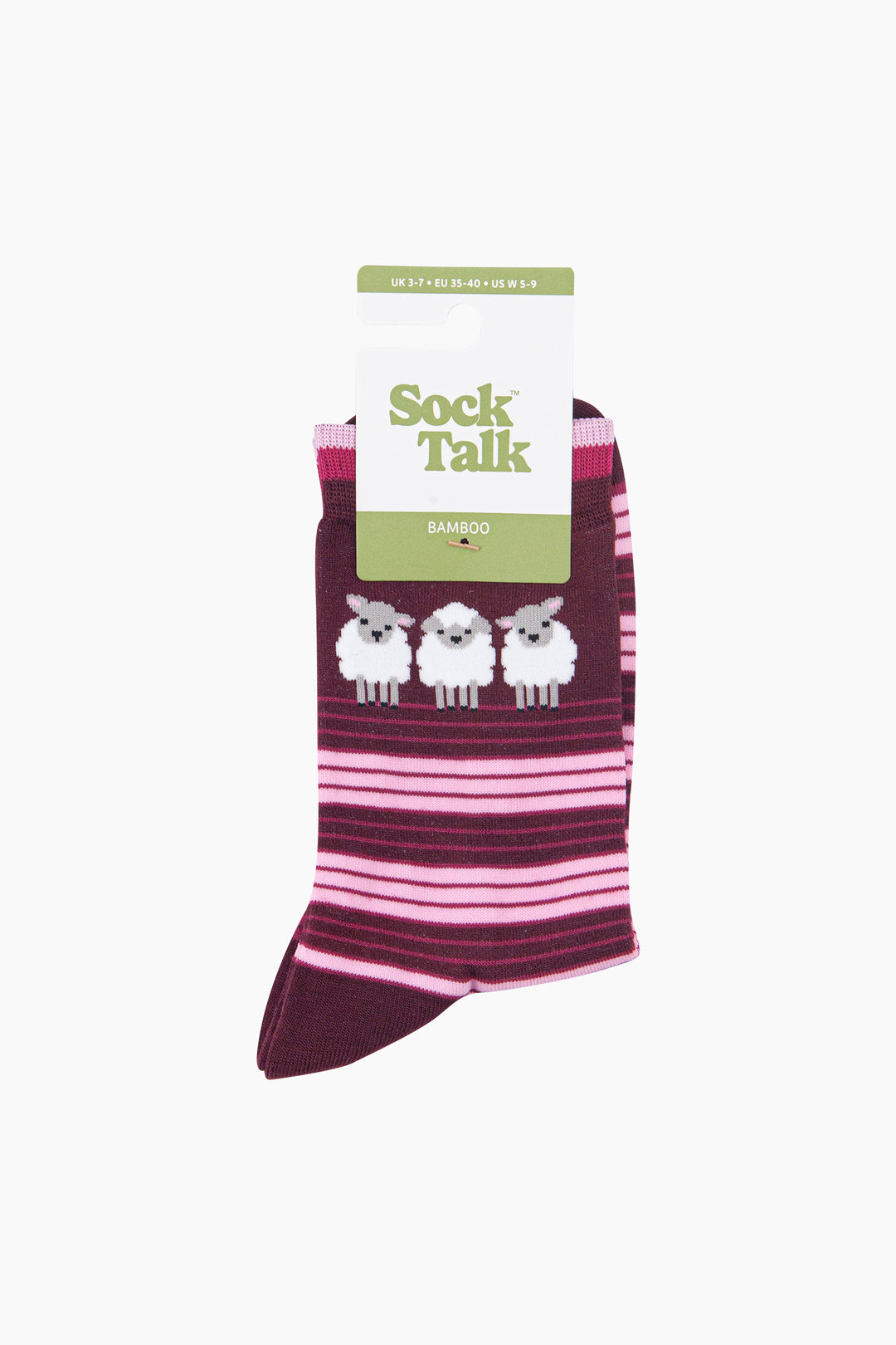 Sheep-Stripe-Women's-Bamboo-Socks-in-Burgundy-In-Packaging