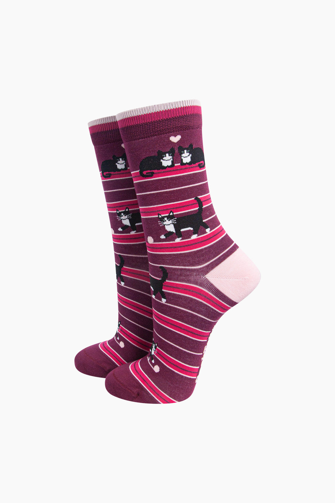 Cat-Stripe-Women's-Bamboo-Socks-in-Burgundy-On-Mannequin