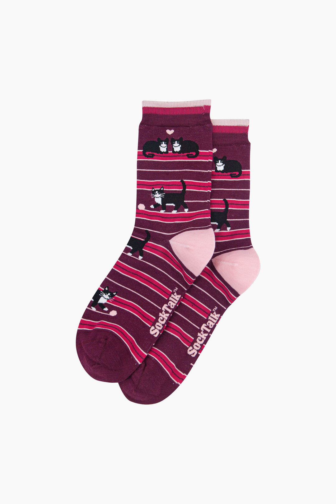 Cat-Stripe-Women's-Bamboo-Socks-in-Burgundy-Laid-Flat