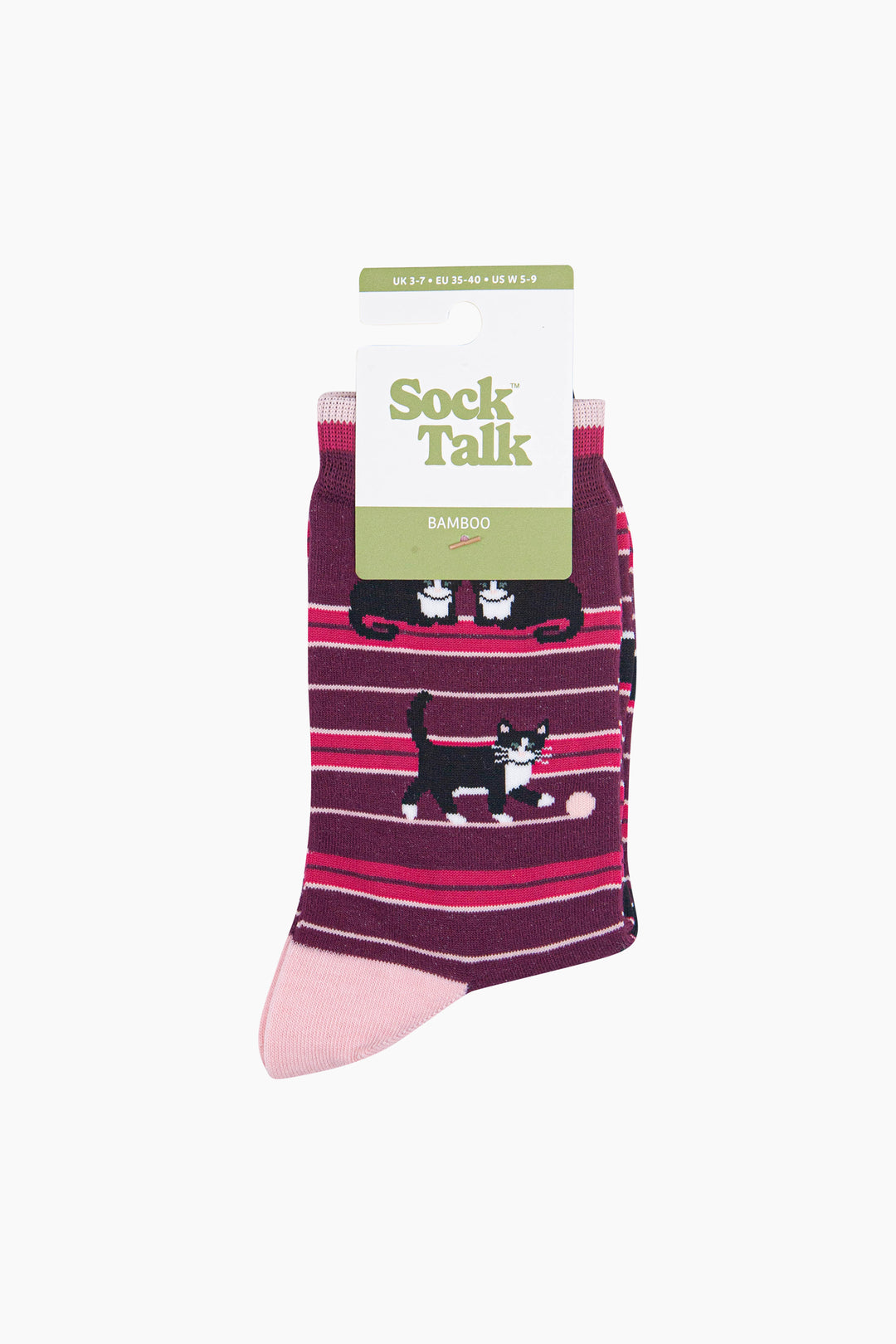 Cat-Stripe-Women's-Bamboo-Socks-in-Burgundy-In-Packaging