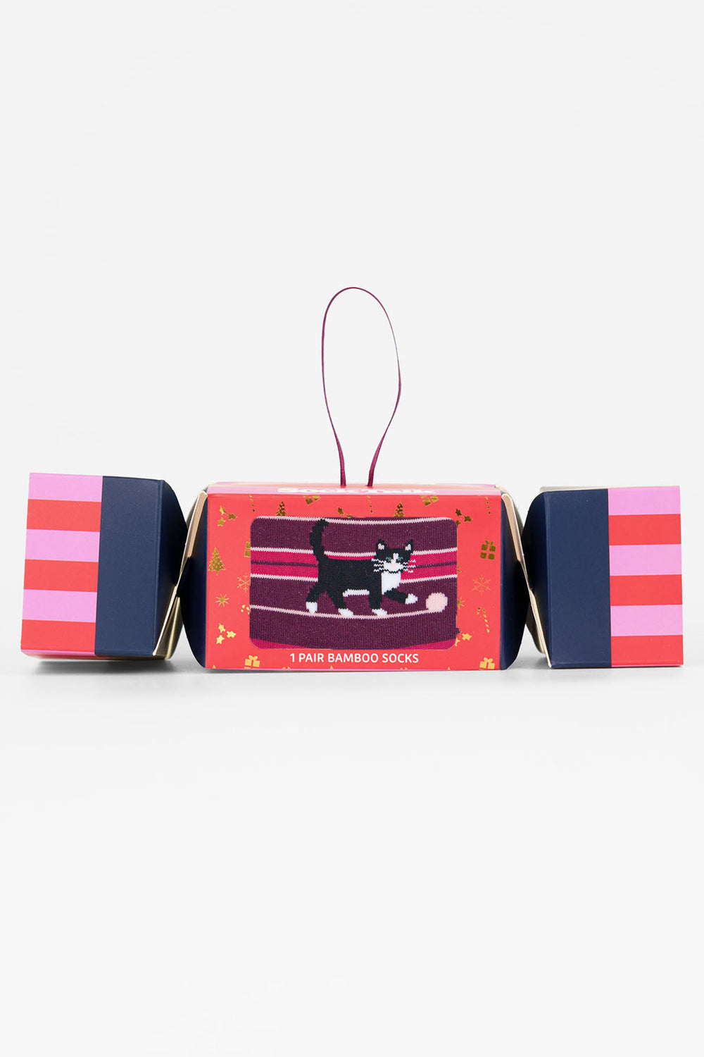Cats-Chasing-Wool-Bamboo-Crew-Socks-Christmas-Cracker-Gift-Box-in-Berry