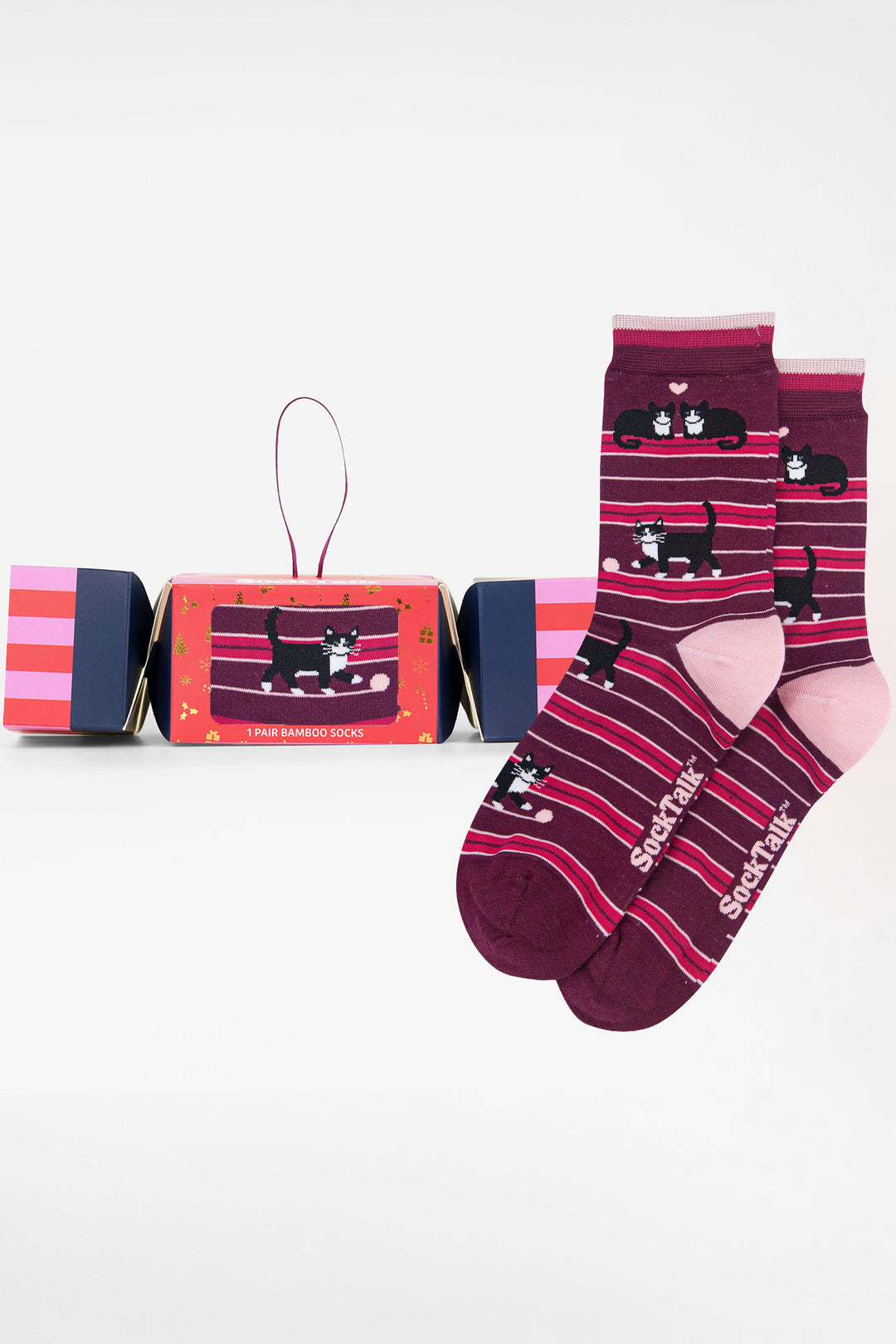 Cats-Chasing-Wool-Bamboo-Crew-Socks-Christmas-Cracker-Gift-Box-in-Berry