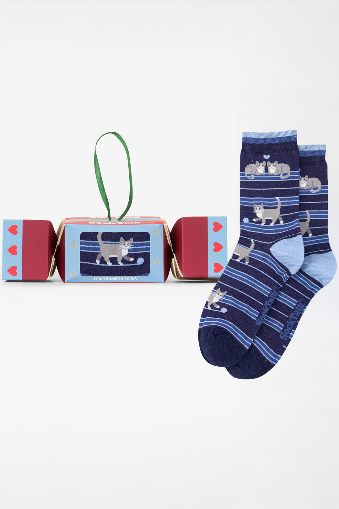 Cats-Chasing-Wool-Bamboo-Crew-Socks-Christmas-Cracker-Gift-Box-in Navy-Blue