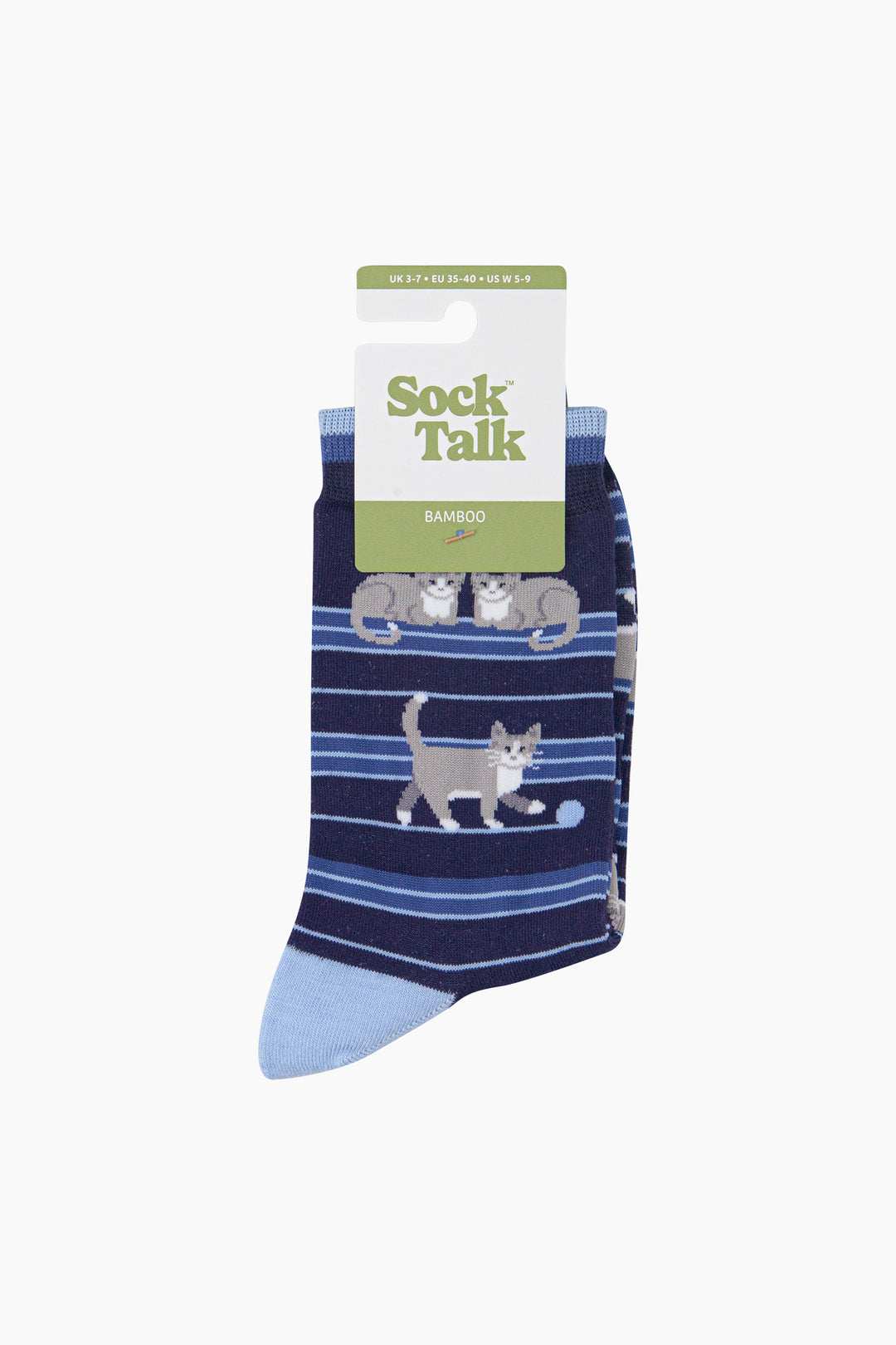 Cat-Stripe-Women's-Bamboo-Socks-in-Navy-Blue-In-Packaging