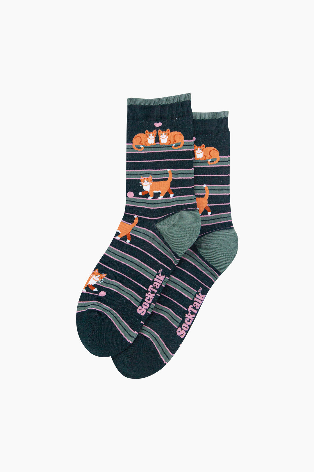 Cat-Stripe-Women's-Bamboo-Socks-in-Dark-Green-Laid-Flat