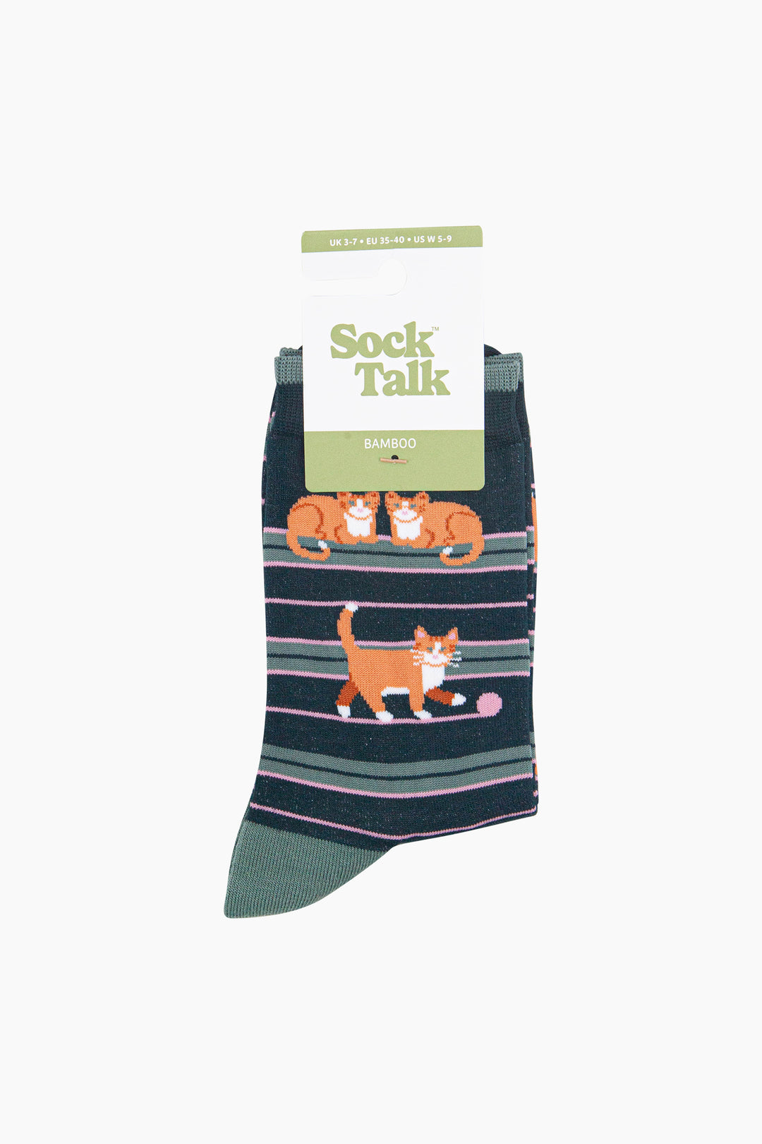 Cat-Stripe-Women's-Bamboo-Socks-in-Dark-Green-In-Packaging