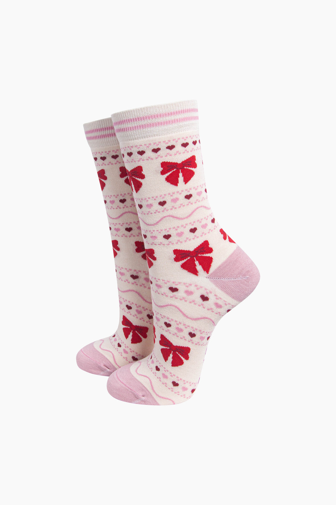 Bow-Fair-Isle-Women's-Bamboo-Socks-in-Cream-On-Mannequin